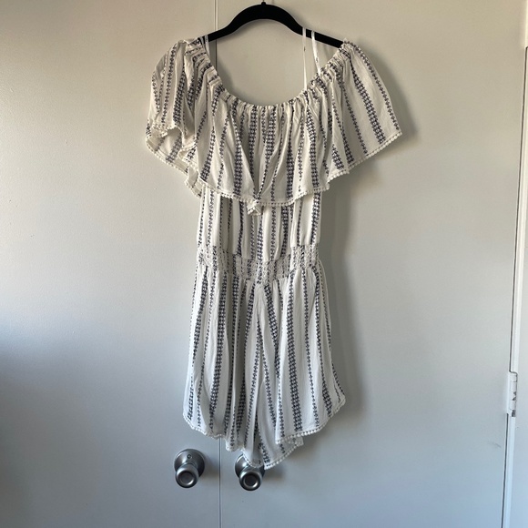 Off the Shoulder Striped White and Blue Romper - Picture 2 of 6